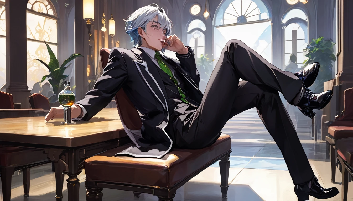 Sakuya, Magic Punk Style, Incredibly absurd, Concept Art, highest quality, Perfect lighting, figure, Vanishing Point, Sitting, View Viewer, Mature Male Characters, One boy, (No mouth:1.3), Men's Center, Masculine, Green Hair, Dyed bangs, Sparkling eyes, wear (Fantasy style groin plate and shin guards:1.1), Wheat field, Finely drawn backgrounds, Great background