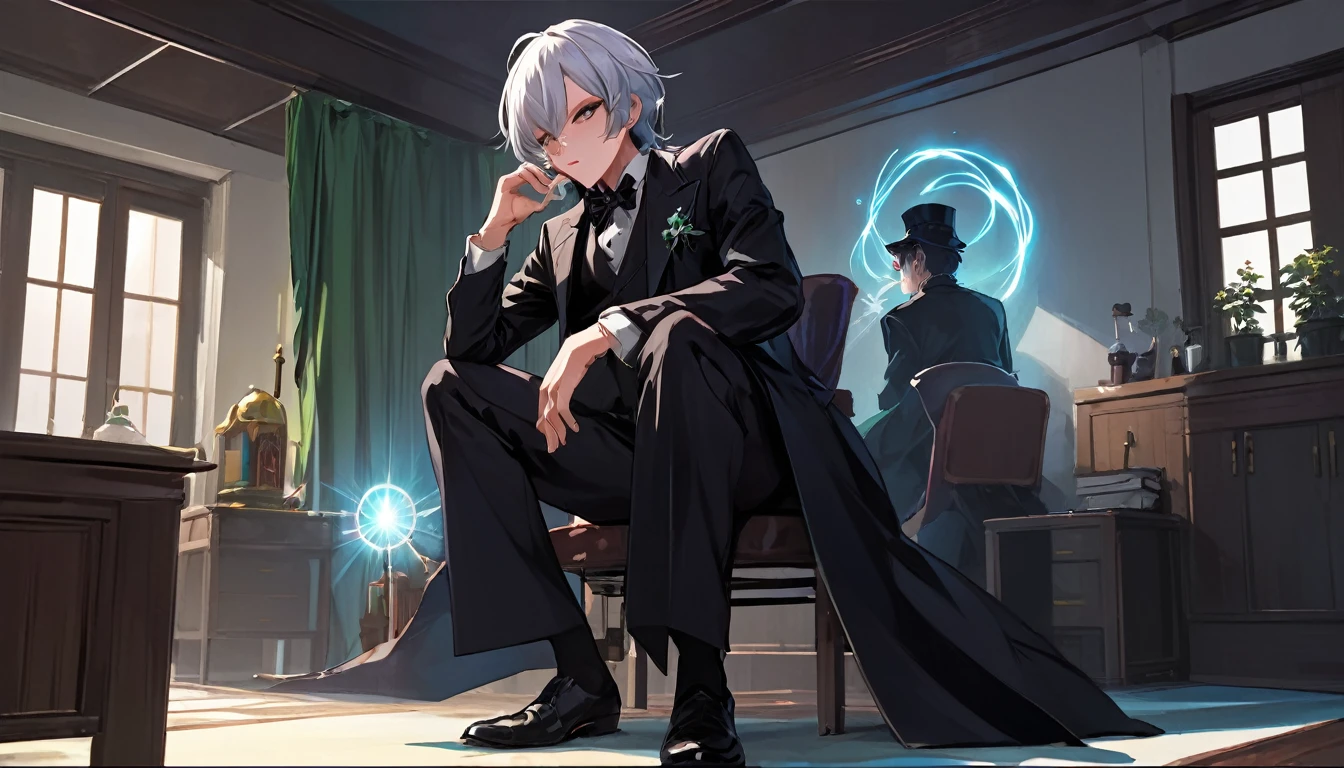 Sakuya, Magic Punk Style, Incredibly absurd, Concept Art, highest quality, Perfect lighting, figure, Vanishing Point, Sitting, View Viewer, Mature Male Characters, One boy, (No mouth:1.3), Men&#39;s Center, Masculine, Green Hair, Dyed bangs, Sparkling eyes, wear (Fantasy style groin plate and shin guards:1.1), Wheat field, Finely drawn backgrounds, Great background