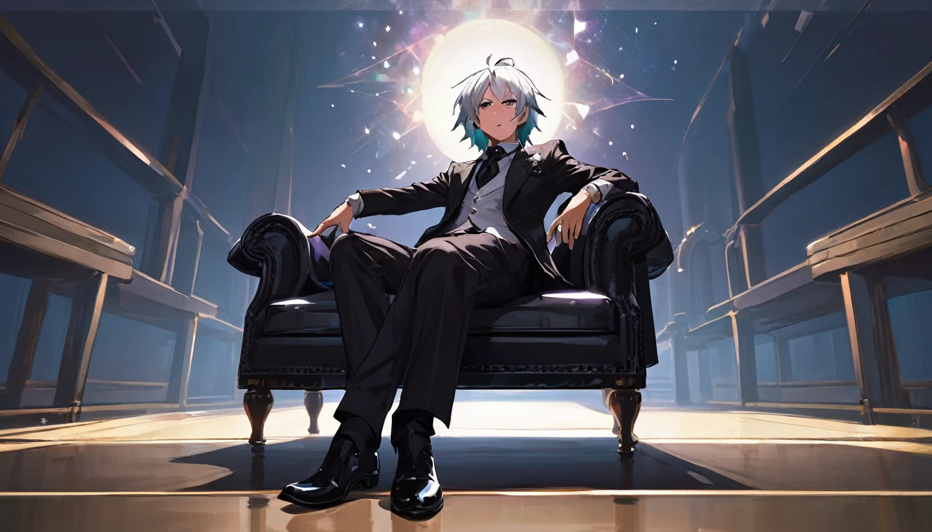 Sakuya, Magic Punk Style, Incredibly absurd, Concept Art, highest quality, Perfect lighting, figure, Vanishing Point, Sitting, View Viewer, Mature Male Characters, One boy, (No mouth:1.3), Men's Center, Masculine, Green Hair, Dyed bangs, Sparkling eyes, wear (Fantasy style groin plate and shin guards:1.1), Wheat field, Finely drawn backgrounds, Great background