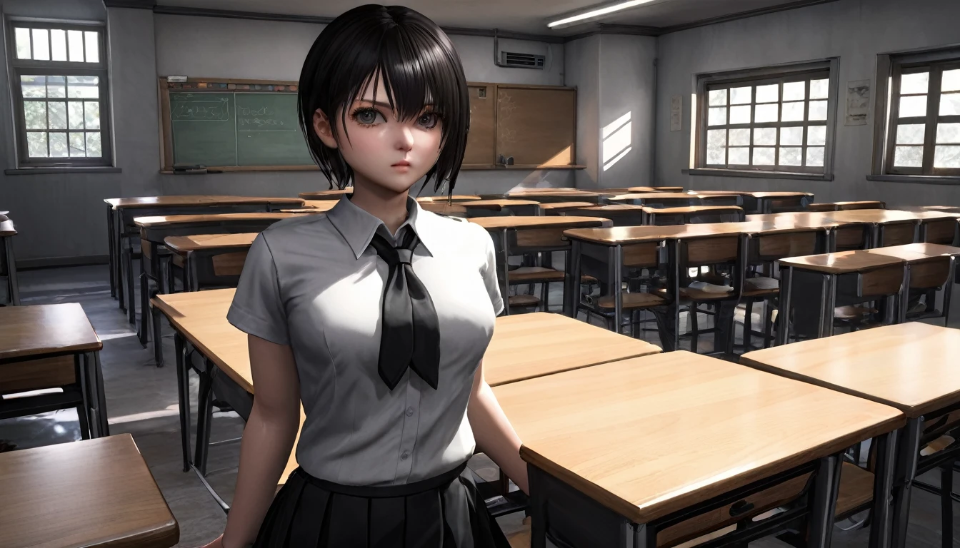 One girl, re4ashleyのショットのポートレート, Athletic ability, Black Uniform, White shirt, classroom, Volumetric lighting, highest quality, masterpiece, Intricate details, Tone Mapping, Sharp focus, Super detailed, Trending on Art Station, Realistic,