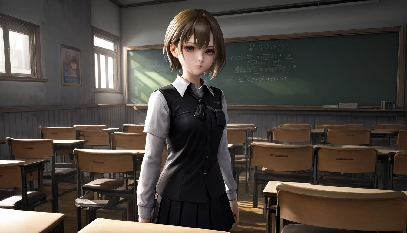 One girl, re4ashleyのショットのポートレート, Athletic ability, Black Uniform, White shirt, classroom, Volumetric lighting, highest quality, masterpiece, Intricate details, Tone Mapping, Sharp focus, Super detailed, Trending on Art Station, Realistic, 