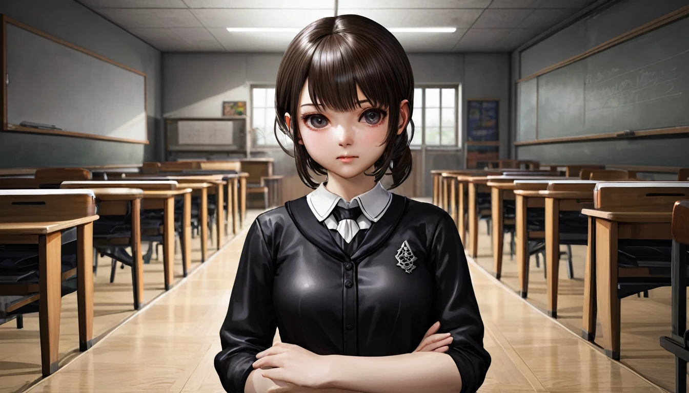 One girl, re4ashleyのショットのポートレート, Athletic ability, Black Uniform, White shirt, classroom, Volumetric lighting, highest quality, masterpiece, Intricate details, Tone Mapping, Sharp focus, Super detailed, Trending on Art Station, Realistic, 