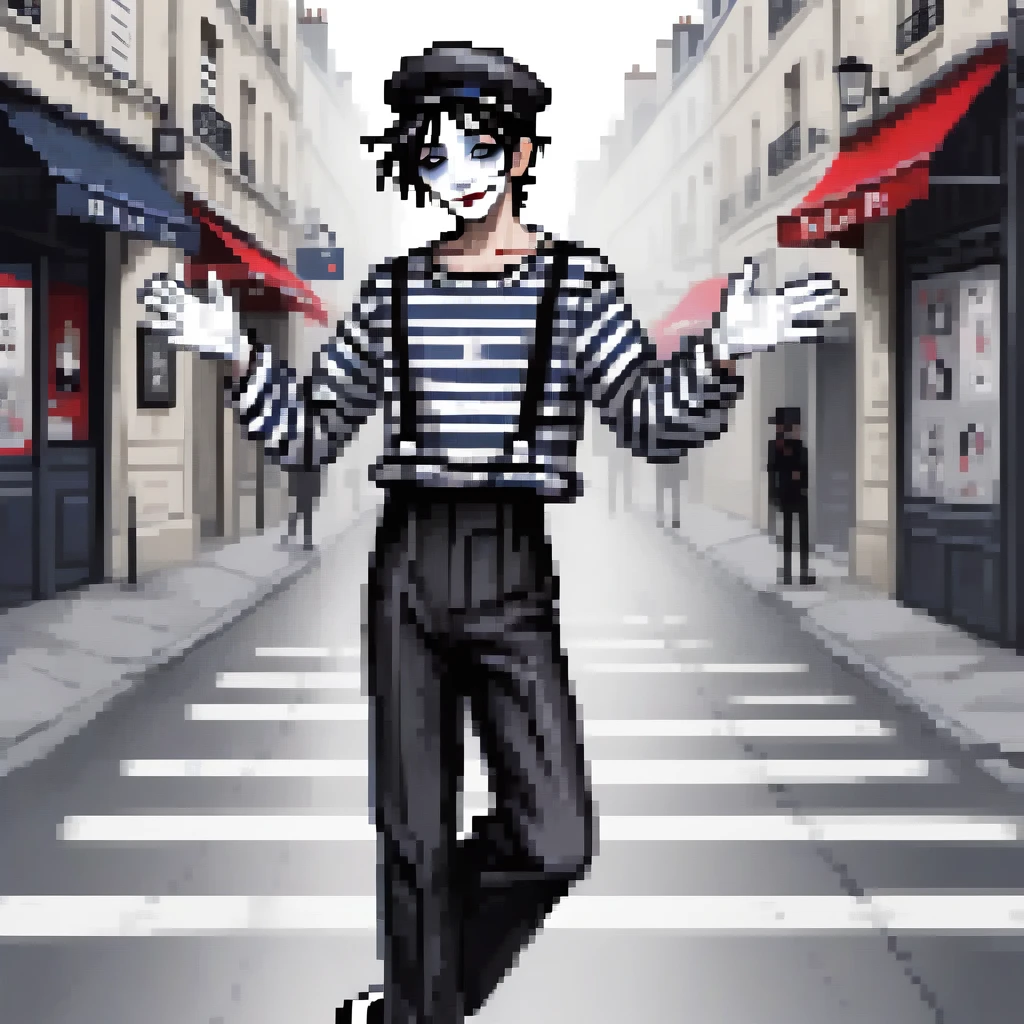 adult tall male mime, shirt grunge, sketchy lines, messy hair, black hair, wearing a beret, score_8_up, score_9_up,happy, has mime makeup on, wearing a mime outfit, dark blue eyes, performing on the streets of paris, showing full body, on a city street, solo, alone, (SOLO)(ALONE) Dancing, arms out, hands open