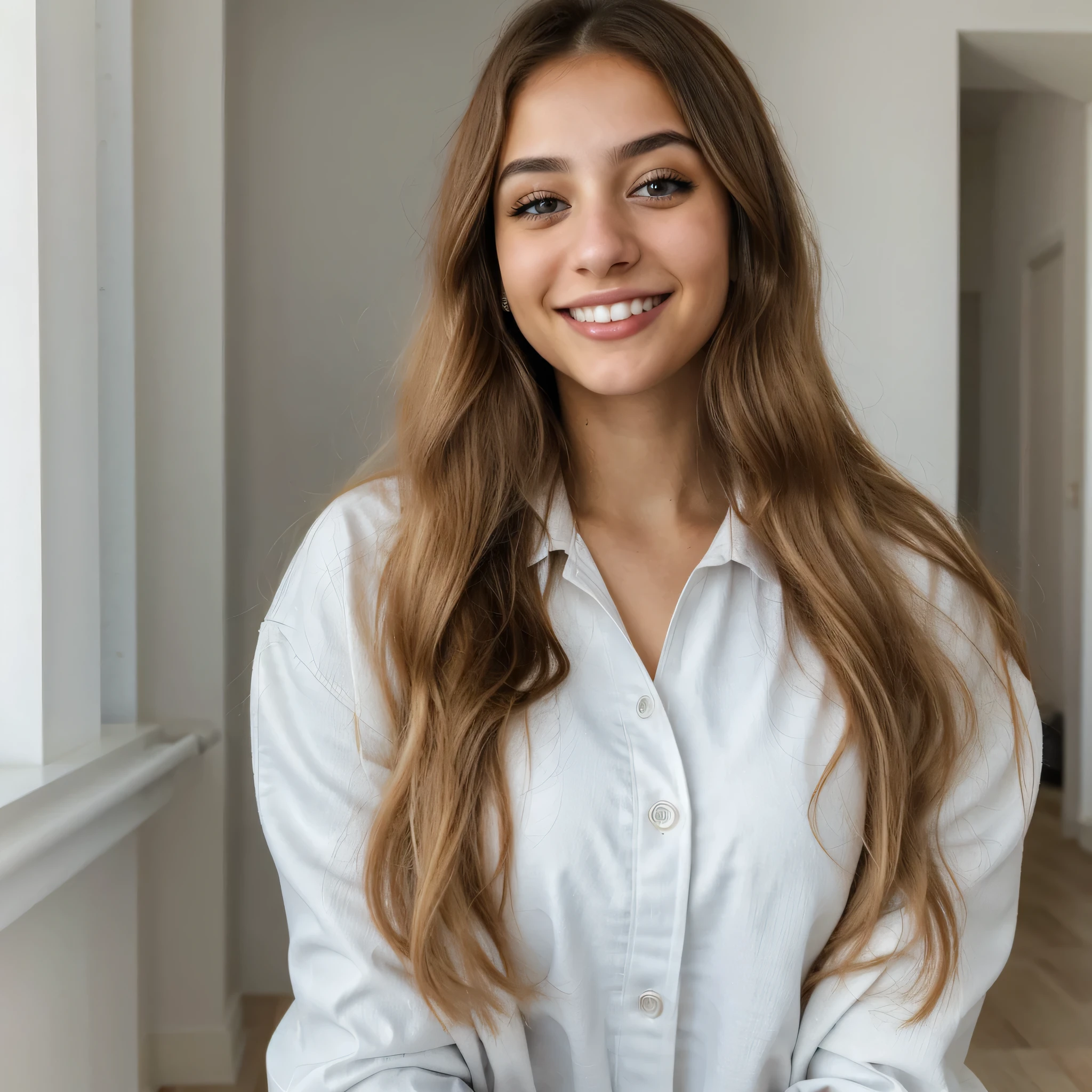 one cute women, 22YO, white, Arab, cute face, realistic brown eyes, blue jacket, blonde/brown hair, cute smile, skinny face, white realistic teethes, big eyes, long hair