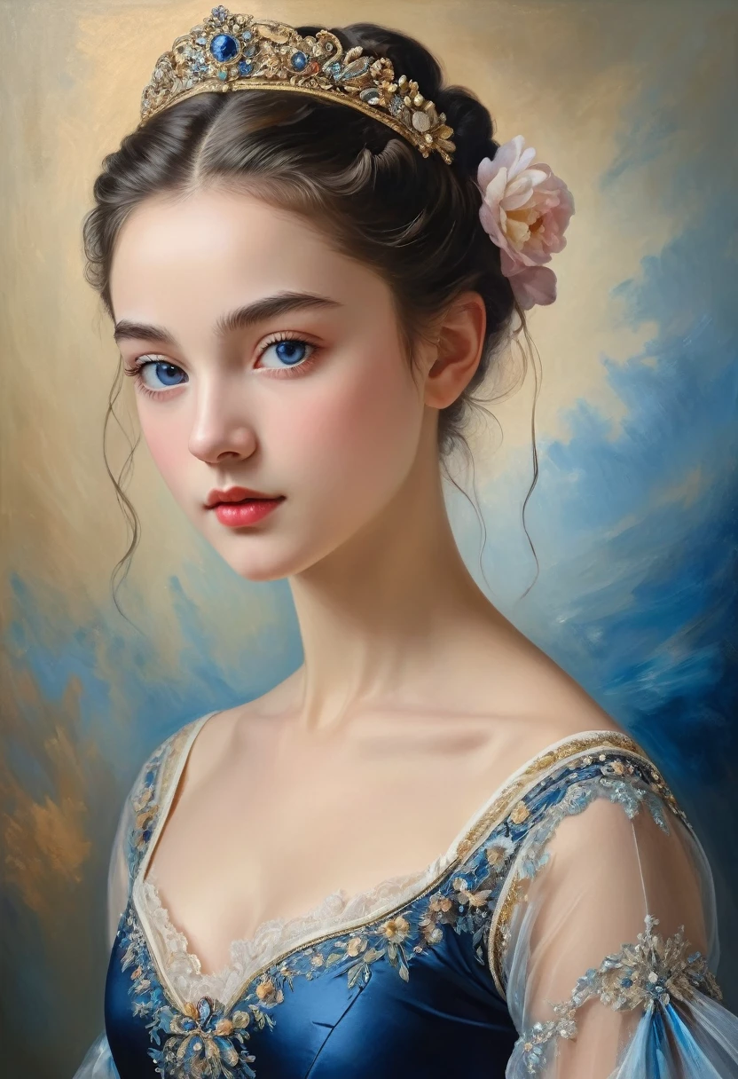(highres,masterpiece:1.2),(realistic:1.37)"(best quality, highres, ultra-detailed, realistic),beautiful 19th-century portrait of a 16-year-old French ballet dancer, (She is half French and half Japanese, and is a stunning beauty with dark blue eyes and a high nose:1.1), elaborate ballet costume, detailed facial features, long graceful neck, flowing locks of hair, poised and elegant posture, soft and delicate lighting, classic oil painting medium, vibrant colors, subtle background with floral motifs", dreamy atmosphere, Surrealism,mystical aura
