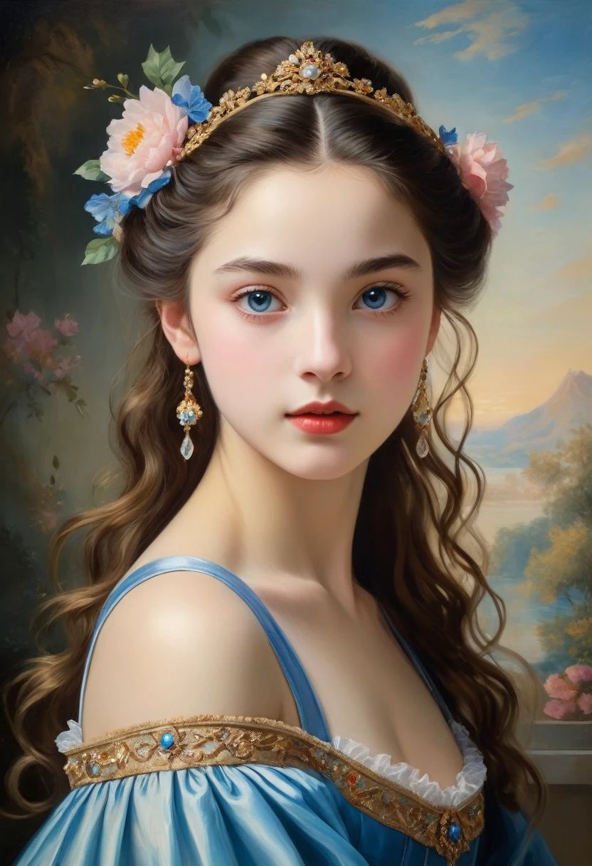 (highres,masterpiece:1.2),(realistic:1.37)"(best quality, highres, ultra-detailed, realistic),beautiful 19th-century portrait of a 16-year-old French ballet dancer, (She is half French and half Japanese, and is a stunning beauty with dark blue eyes and a high nose:1.1), elaborate ballet costume, detailed facial features, long graceful neck, flowing locks of hair, poised and elegant posture, soft and delicate lighting, classic oil painting medium, vibrant colors, subtle background with floral motifs", dreamy atmosphere, Surrealism,mystical aura