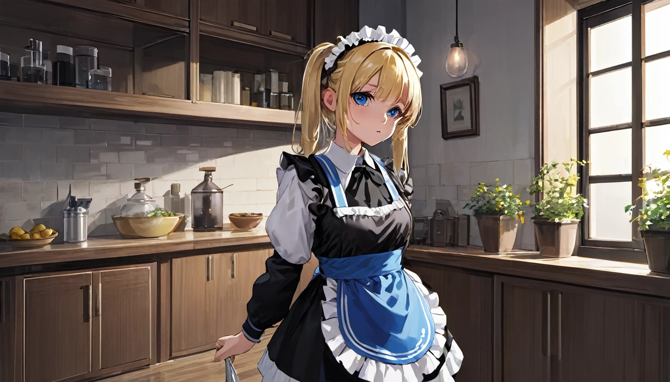 Masterpiece, highest quality, High resolution, One girl, hayasaka ai, alone, Blonde Hair, Maid, blue eyes, Side Ponytail, Hair Scrunchie, hair ornaments, Blue Scrunchie, Maid headdress, apron, Hair between the eyes, chest, Long sleeve, bangs, White shirt, Black Dress, Side Lock, Maid apron, Black Pantyhose,  Cowboy Shot,  
