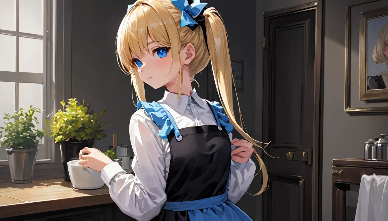 Masterpiece, highest quality, High resolution, One girl, hayasaka ai, alone, Blonde Hair, Maid, blue eyes, Side Ponytail, Hair Scrunchie, hair ornaments, Blue Scrunchie, Maid headdress, apron, Hair between the eyes, chest, Long sleeve, bangs, White shirt, Black Dress, Side Lock, Maid apron, Black Pantyhose, Cowboy Shot,
