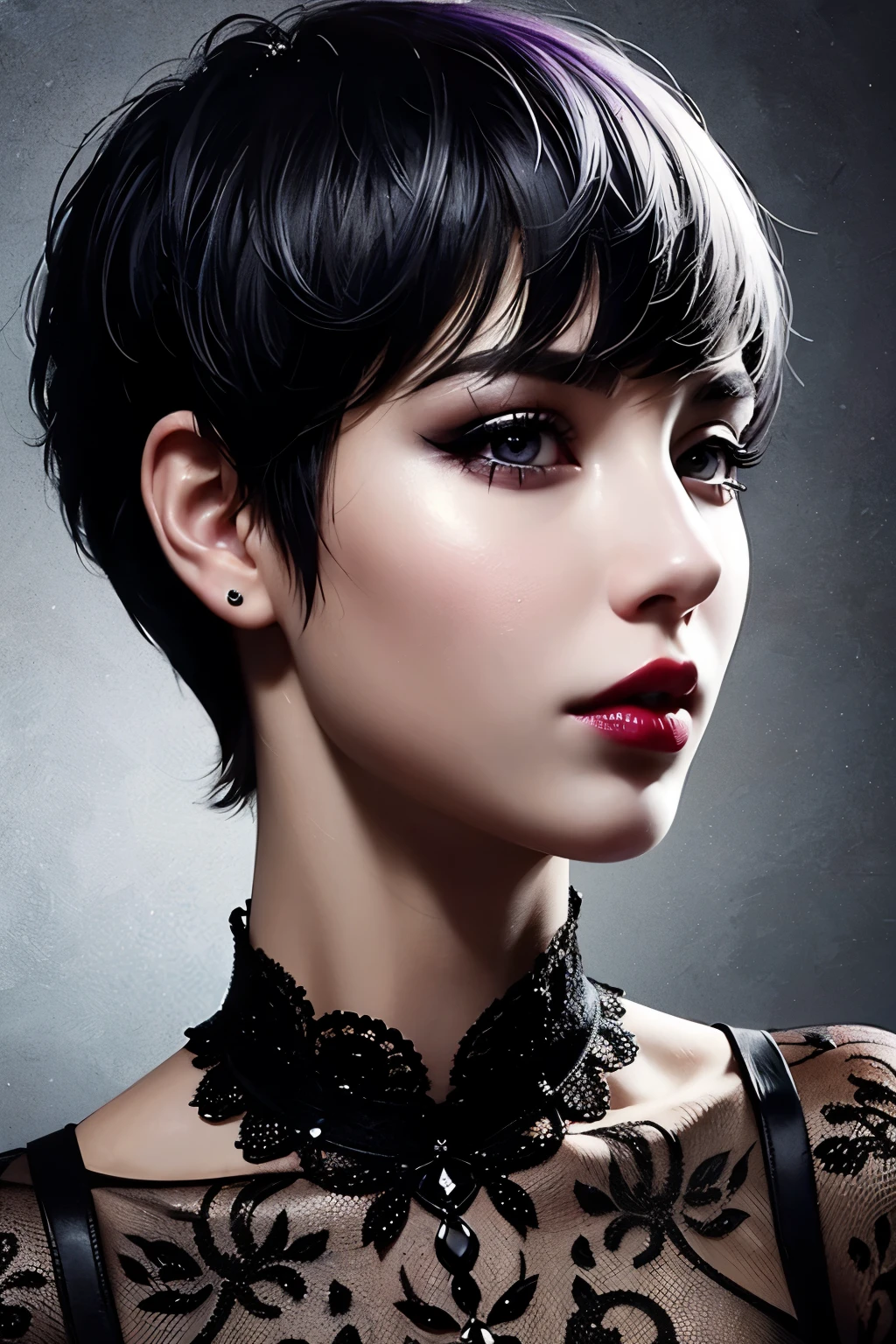 1 girl, short white hair, short pixie cut, dungeon, dark, dimmed light, gothic, black corset, purple lace, narrow face, nose piercing, lip piercing, red lips, hands behind back