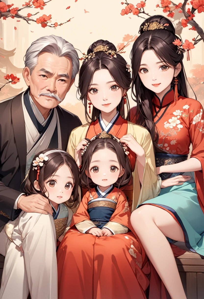 A family of 4 including parents and 2 young daughters , They wear ancient Chinese clothes