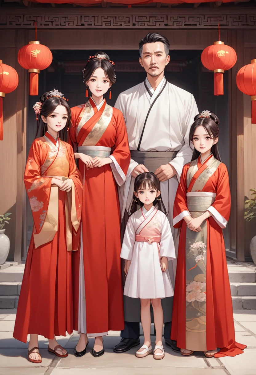 A family of 4 including parents and 2 young daughters , They wear ancient Chinese clothes