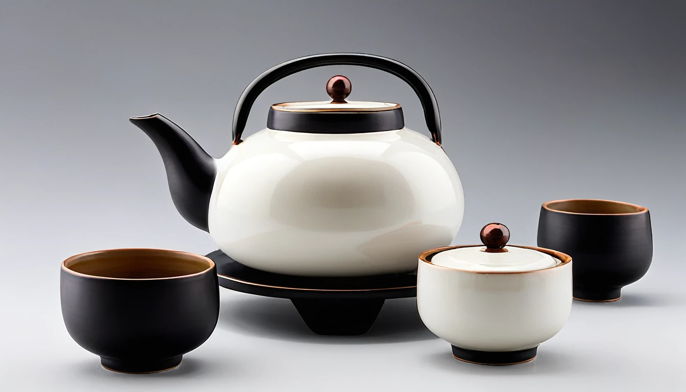 On the bowl is placed a Teapot, Inspired by Sesshu Toyo, kettle, large black kettle on the hearth, Teapot, Teapot, Teapot, Gorgeous porcelain tea set, Teapot: 1, Inspired by Renjen Doben, Inspired by Emperor Xuande, Ceramics, smooth glazed Ceramics