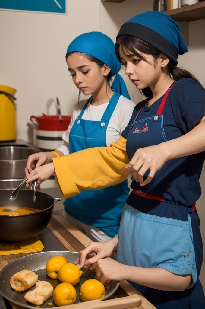 Cocineras de la patria tejiendo su delantal y gorros de color amarillo, azul y rojo y 8 estrellas en el color azul