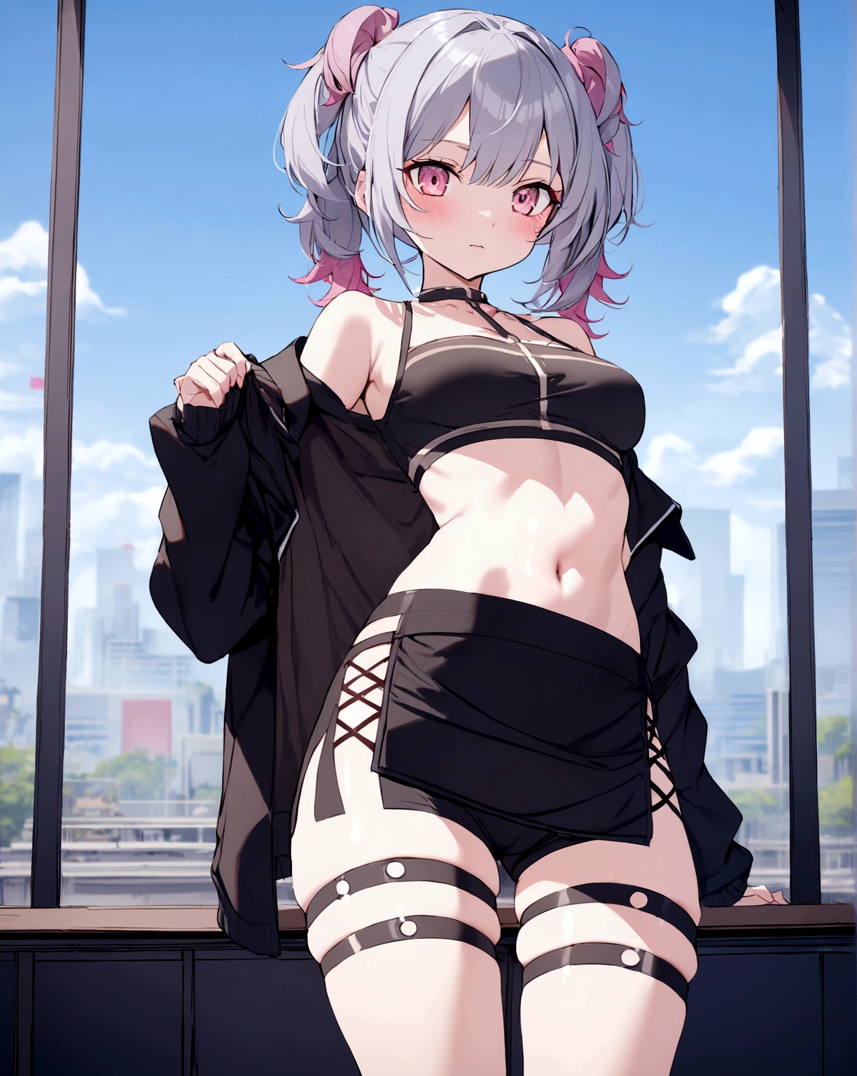 1 girl, pink hair, has braids, pink eyes, black jacket with pink details, short and tight shorts, sports shorts, in the city, masterpiece, warm light.