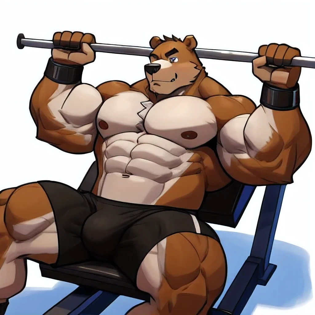 Huge muscular thick Bear bodybuilder shirtless in black gym shorts and wristbands incline bench press over 250lbs getting more pumped.
