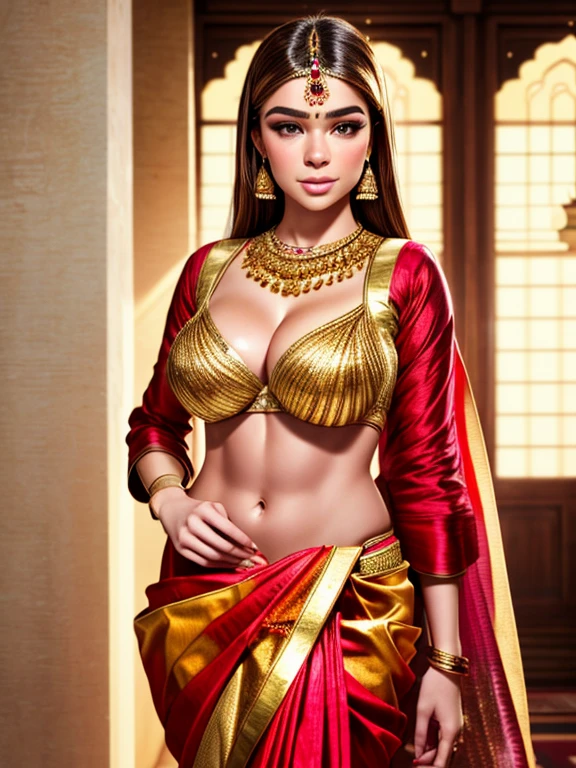 Hailee Steinfeld as a gorgeous Indian Empress wearing ((Kasavu Saree)); deep cleavage; ((ultra glossy lips)); ((Traditional Indian Makeup)); ultrarealistic white skin, ultrarealistic face; ultrarealistic body; ((ultrarealistic gold ornaments)); ((Ultrarealistic Perky Round tits)); ((Perky Round breasts)); high resolution; detailed skin; ultra detailed eyes; ultra detailed face; ultra detailed lips; 4k resolution; Ultrarealistic Light Hazel Brown Eyes; both eyes are similar, thick eyebrows, heavily oiled shiny skin, slim athletic body, Ultrarealistic deep navel, Ultrarealistic toned abs, sexy seductive pose, Seductive smile, standing; looking at viewer, facing camera; full body photograph, DSLR photo; HDR, super-resolution, maximum clarity and sharpness, rule of thirds, 8k raw, reflections, sharp focus