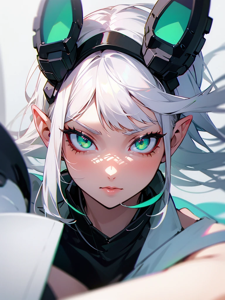 Hot girl, pointed ears, white hair, green eyes, horny