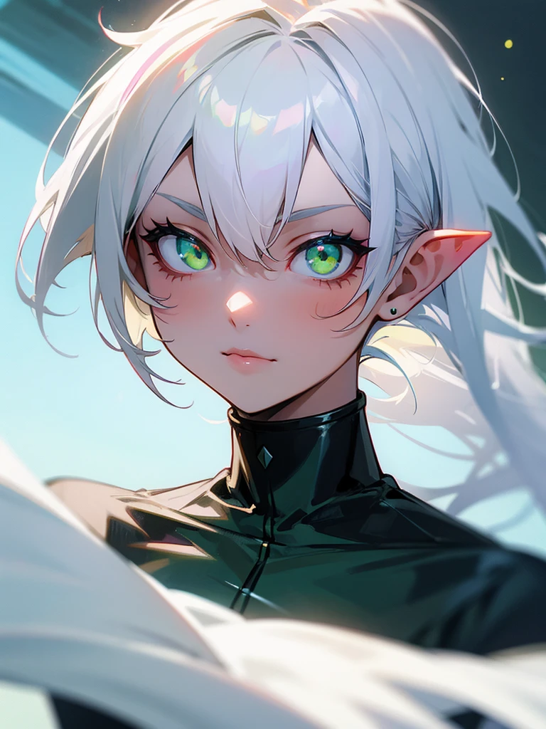Hot girl, pointed ears, white hair, green eyes, horny