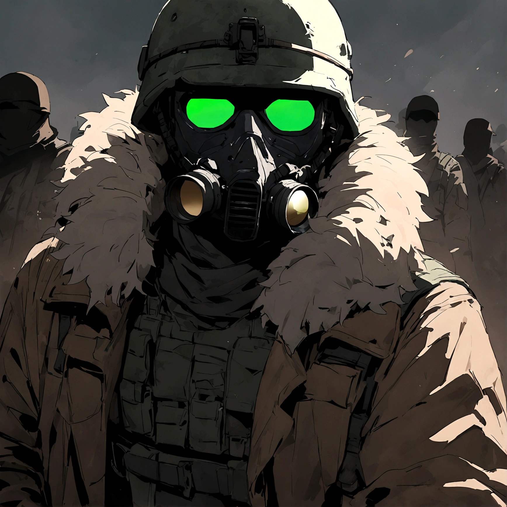 (masterpiece), best quality, faceless, hidden face, soldier, full face mask, green lenses, Male, Green Tactical helmet, black M50 gasmask, brown leather fur lined duster coat, green tactical vest, black pants. green lenses, Brown coat, Dark brown coat, leather coat, Faceless, hidden face, cool, post apocalyptic soldier, brown coat, Flecktarn camouflage vest, Flecktarn helmet camouflage, upper body, dark brown leather coat, solo, fur lined coat, overcoat, leather overcoat, portrait, green mask lenses, post apocalyptic soldier, PMC mercenary. Solo