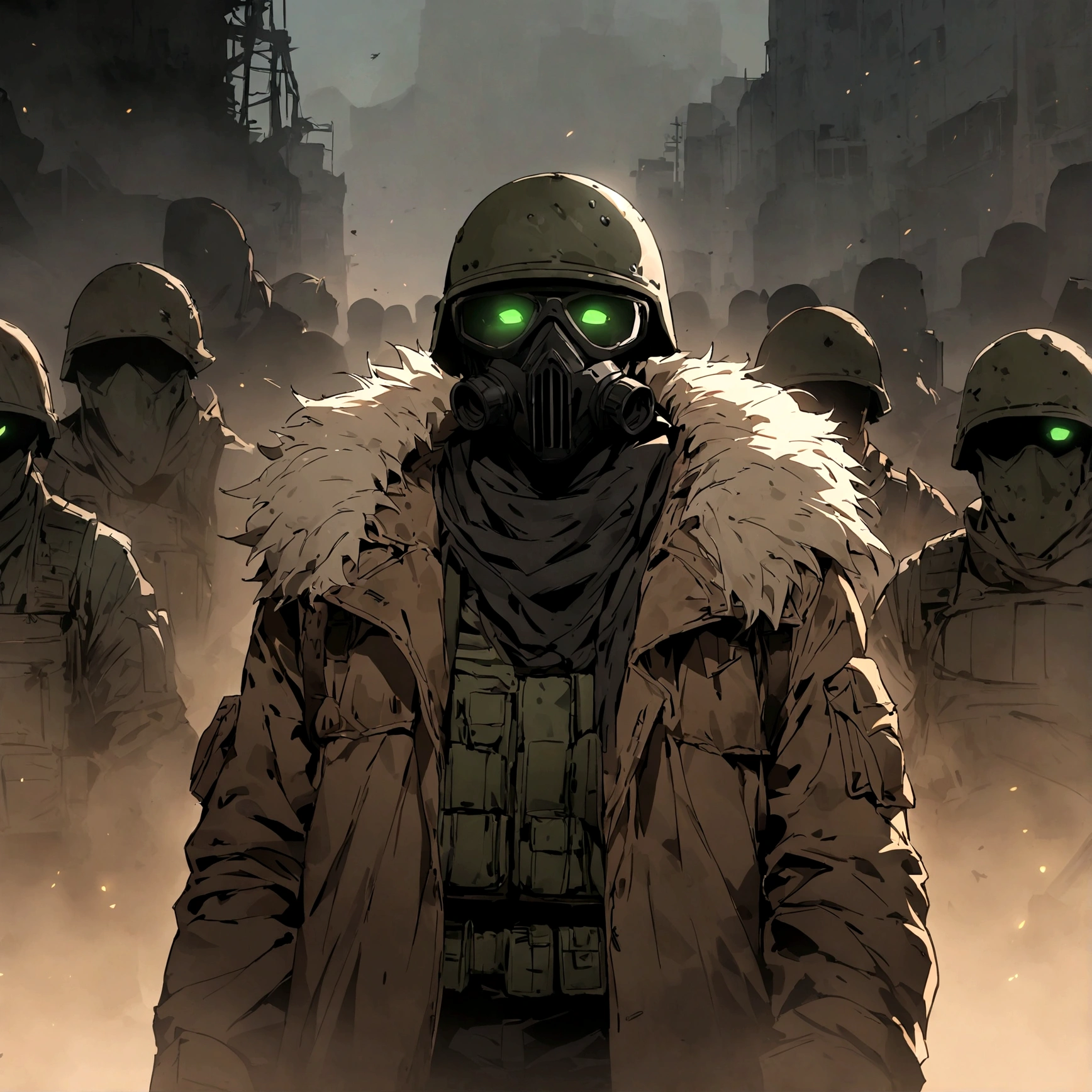 (masterpiece), best quality, faceless, hidden face, soldier, full face mask, green lenses, Male, Green Tactical helmet, black M50 gasmask, brown leather fur lined duster coat, green tactical vest, black pants. green lenses, Brown coat, Dark brown coat, leather coat, Faceless, hidden face, cool, post apocalyptic soldier, brown coat, Flecktarn camouflage vest, Flecktarn helmet camouflage, upper body, dark brown leather coat, solo, fur lined coat, overcoat, leather overcoat, portrait, green mask lenses, post apocalyptic soldier, PMC mercenary. Solo
