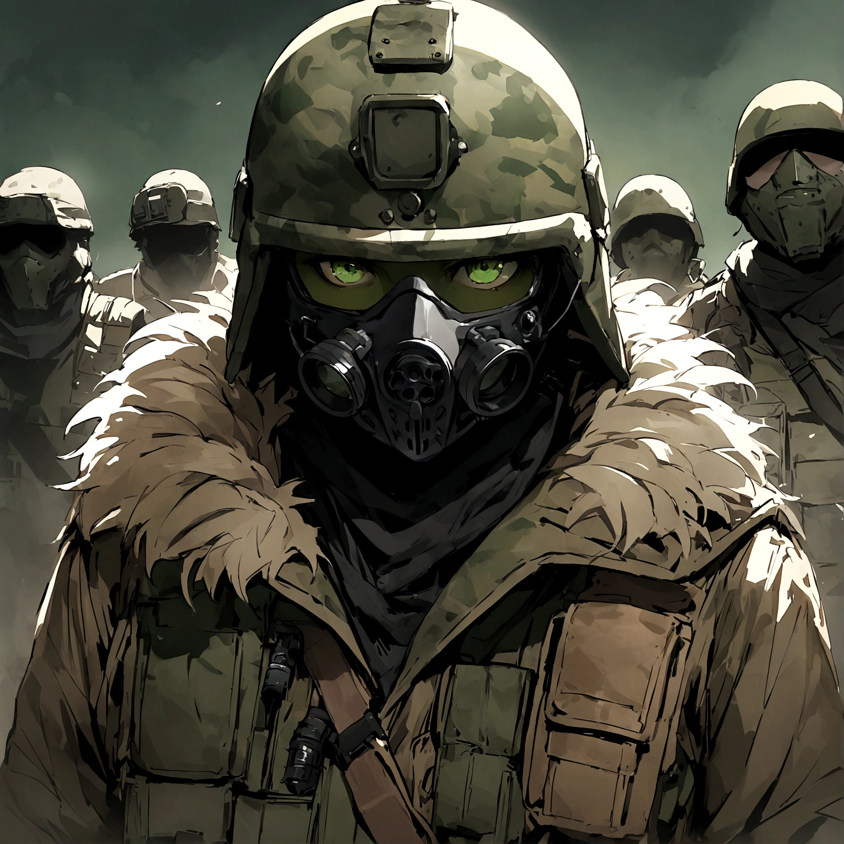 (masterpiece), best quality, faceless, hidden face, soldier, full face mask, green lenses, Male, Green Tactical helmet, black M50 gasmask, brown leather fur lined duster coat, green tactical vest, black pants. green lenses, Brown coat, Dark brown coat, leather coat, Faceless, hidden face, cool, post apocalyptic soldier, brown coat, Flecktarn camouflage vest, Flecktarn helmet camouflage, upper body, dark brown leather coat, solo, fur lined coat, overcoat, leather overcoat, portrait, green mask lenses, post apocalyptic soldier, PMC mercenary. Solo