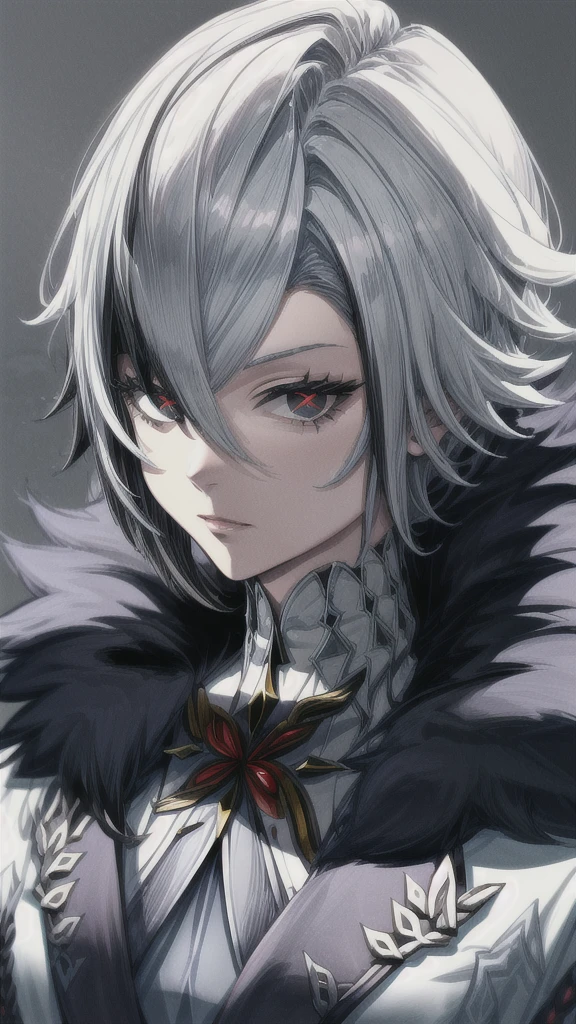 highly detailed, dynamic, cinematic, stunning, realistic lighting and shading, arlecchino, hair between eyes, black hair, white hair, short hair, coat, fur trim, fur-trimmed coat, (x-shaped eyes, symbol shaped eyes, cross eyes),
