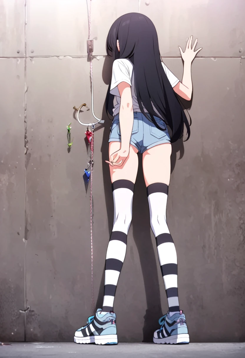 Black Hair, Long Hair, Cute Hips, lure, ,(Cotton shirt、hot pants、Striped thigh-high stockings、sneakers), (Turn around and put your hands on the wall), Bend、BREAK Perfect Anatomy、highest quality、(cute:1.1)、(cute)、(High resolution:1.2)、Unbelievably absurd:1.3、Incredible illustrations、(cuteイラスト:1.2)、Beautiful background、(1 girl) 、solo)、(10th Generation、JK、、Small breasts:1.2)、slender、、、、Eye highlights、embarrassed、、full body、(from behind、from below)