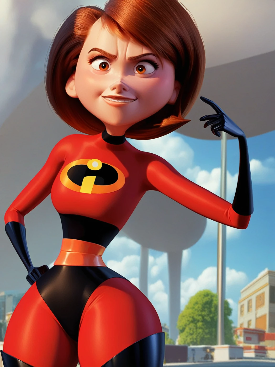 pa_rr, pa_rr, 1girl, ginger hair, brown eyes, superhero suit, smile,, score_9, score_8_up, score_7_up,{{{{{{big hips}}}}}}, {{{{{{{{Fat ass}}}}}}}, bikini, black bikini