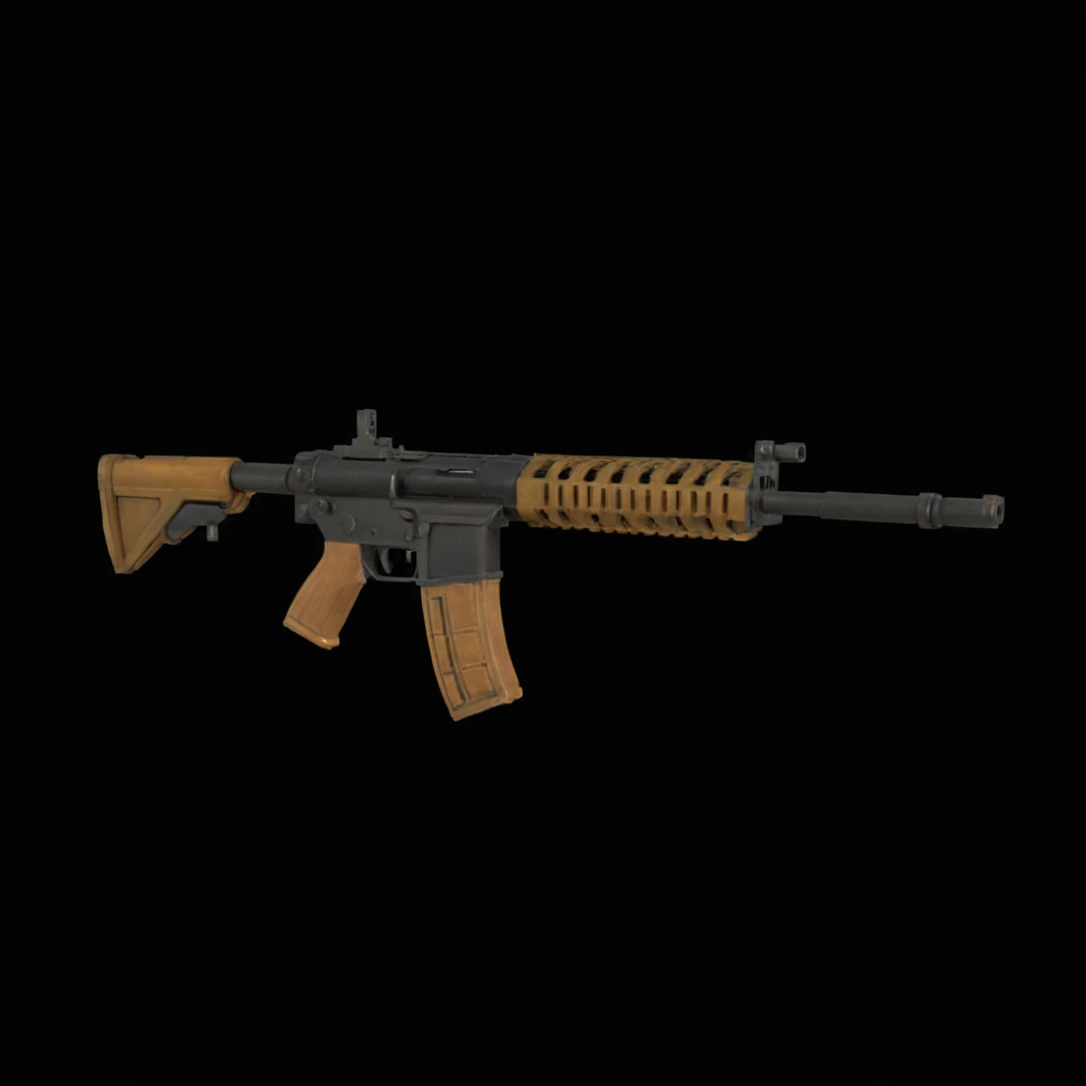 close-up of a toy gun on a black background, ultra realistic AR 16:9, Кинематографический — AR 16:9, assault rifle, Realistic pistol, realistic weapon, Low quality 3d model, octane number -ar 16:9 h 1024, Gun 3D Model, corner assault rifle