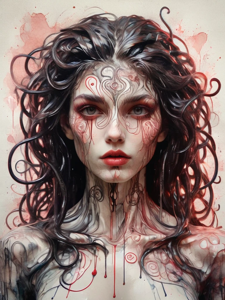 8K, rgb, hdr, pinturas de aceite, acuarelas, colores saturados brillantes, Anna Razumovskaya, Jarek Kubicki, Aleksi Brilo, Darek Zabrotsky, sakimichan, lois, Aminola Rezai, foto CRUDA, negro, dark Rojo, de cerca, Retrato de Medusa, mixed media collage. text with inscription "eloise", hermoso rostro. calligraphy, Gouache Wash, Boceto a pluma, lineas finas, Vintage illustration style. negro, blanco, Rosa coral, Rojo, pelo rubio, beautiful patterns ral-negrolight