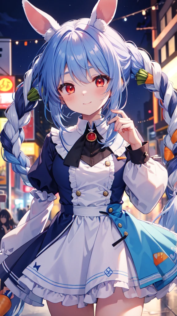 (8k、Best image quality、highest quality、masterpiece)、Detailed face、Single Blade、smile、blush、vapor、((close your eyes))、Shiny、Cowboy Shot、Night city background, pekora usada, animal ears, blue hair, braid, carrot hair ornament, food-themed hair ornament, hair ornament, multicolored hair, (red eyes:1.5), rabbit ears, twin braids, twintails, two-tone hair,
