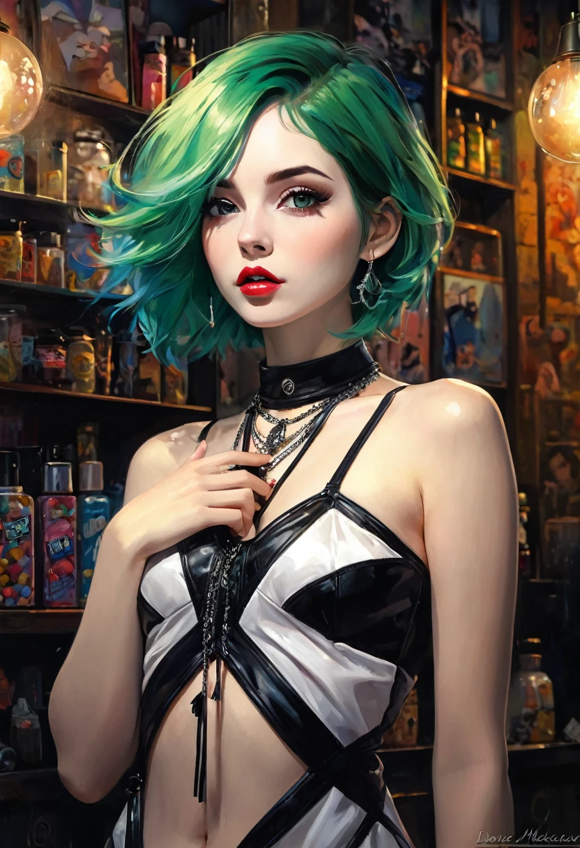 punk girl, green hair, sexy, in the middle of a small candy store, perfect ass, pronounced nipples, small breasts, tight dress, necklace, leather, she masturbates,, caresses her pussy, erotism ,open pussy,pussy focus,cum,cum in pussy,masterbation,female masturbation}}},cute,ultra detailed skin,, pronounced nipples, art by Bill Sienkiewicz, black and white image, intricate details, oil painting . (best quality,4k,8k,highres,masterpiece:1.2),ultra-detailed,(realistic,photorealistic,photo-realistic:1.37),intricate details,vivid colors,sharp focus,professional,Dave McKean artwork, oil touch of surrealism,oil painting style,portrait,woman,beautiful detailed eyes,beautiful detailed lips,dreamlike atmosphere,shadow play,soft lighting,playful pose,dark hues,ethereal background,fantasy elements,texture,layered