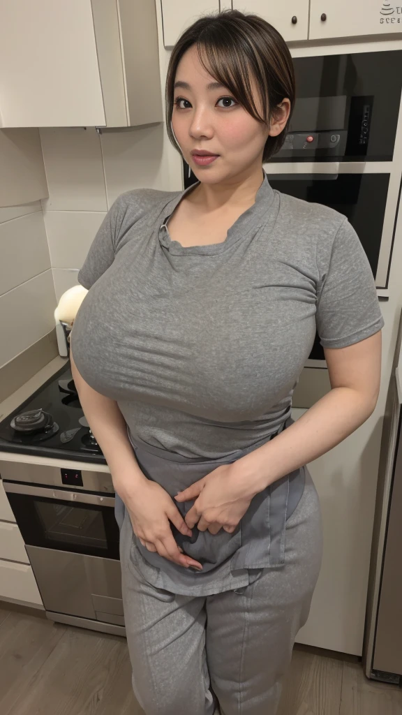 (kitchen)night(Best Quality,8K,Raw photo,Realistic,High resolution:1.2),(erotic curvy japanese mother)(gigantic breasts),oily skin,(gray t-shirt),pants,apron,look horny,face from front,((highlights breasts)),short hair, upper body,((embarrassed)),((seduced erotically)),tight fit,(moans sexy),from side
