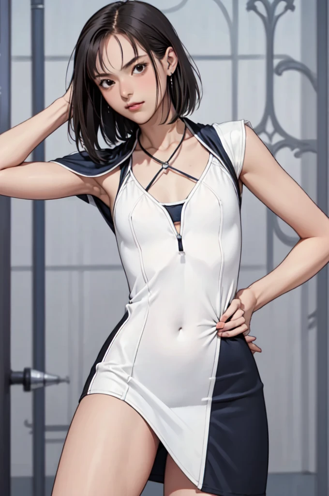 ((masterpiece, best quality)),((highres:1.2)), 1 Girl, solo, Blurred Background, (Straight Hair:1.2), (One piece swimsuit), ((flat chest)), Thighs, Church, ((Groin)), (slanted eyes), ((Special pose:1.2)),  ((leg lift)), ((mini Pencilskirt:1.2)), bangs, short hair