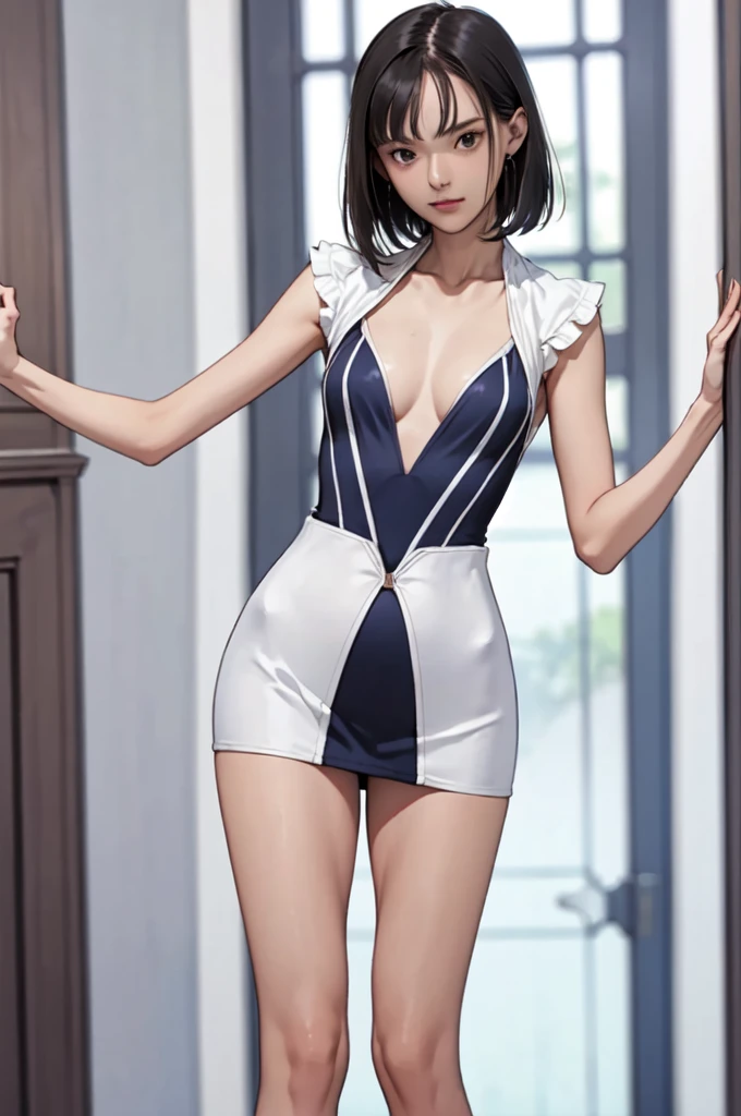 ((masterpiece, best quality)),((highres:1.2)), 1 Girl, solo, Blurred Background, (Straight Hair:1.2), (One piece swimsuit), ((flat chest)), Thighs, Church, ((Groin)), (slanted eyes), ((Special pose:1.2)),  ((leg lift)), ((mini Pencilskirt:1.2)), bangs, short hair