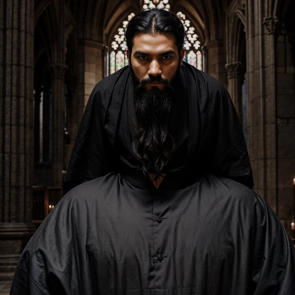 Bearded man, black hair, monk clothes, gothic cathedral, sinister mood
