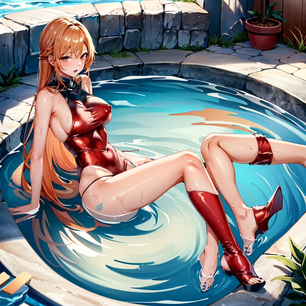 Tabletop, highest quality, Medium orange hair, Virgin-killing clothes, Large exposure of the chest, Big eyes, Cute Face, Realistic, Big Ass, Big Breasts, Her breasts and buttocks are completely visible, Woman bathing alone in a lake,  first round, Slender body, Gorgeous sheer panties, (Mansuji emphasis), Wet body, Sit down, M-shaped legs, Showing off your crotch, Open your knees wide, (Nipple piercing)