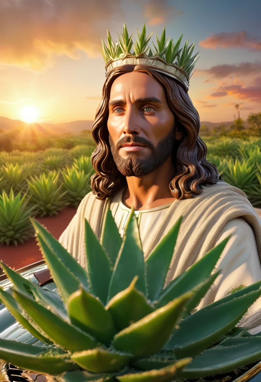 a photorealistic portrait of Jesus Christ wearing a crown made of aloe vera, holding an aloe vera plant in a pot, preaching from a classic convertible car, beautiful sunset in the background, (best quality,8k,highres,masterpiece:1.2),ultra-detailed,(realistic,photorealistic,photo-realistic:1.37),extremely detailed face and eyes,extremely detailed skin texture,highly detailed lighting,cinematic composition,dramatic lighting,volumetric lighting,detailed foliage,intricate details,vibrant colors,dramatic sky,photorealistic sunset