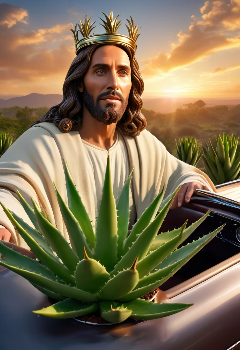 a photorealistic portrait of Jesus Christ wearing a crown made of aloe vera, holding an aloe vera plant in a pot, preaching from a classic convertible car, beautiful sunset in the background, (best quality,8k,highres,masterpiece:1.2),ultra-detailed,(realistic,photorealistic,photo-realistic:1.37),extremely detailed face and eyes,extremely detailed skin texture,highly detailed lighting,cinematic composition,dramatic lighting,volumetric lighting,detailed foliage,intricate details,vibrant colors,dramatic sky,photorealistic sunset