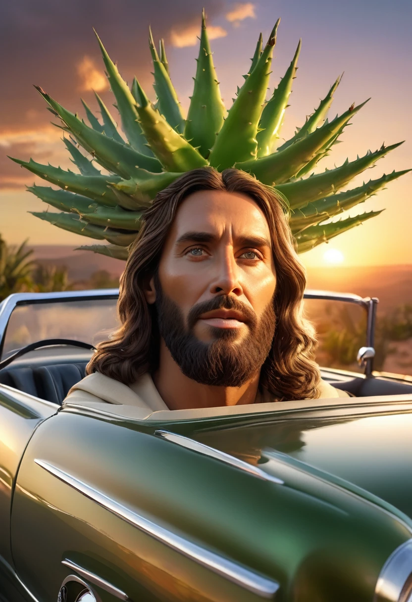 a photorealistic portrait of Jesus Christ wearing a crown made of aloe vera, holding an aloe vera plant in a pot, preaching from a classic convertible car, beautiful sunset in the background, (best quality,8k,highres,masterpiece:1.2),ultra-detailed,(realistic,photorealistic,photo-realistic:1.37),extremely detailed face and eyes,extremely detailed skin texture,highly detailed lighting,cinematic composition,dramatic lighting,volumetric lighting,detailed foliage,intricate details,vibrant colors,dramatic sky,photorealistic sunset