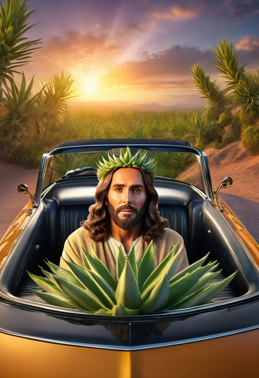 a photorealistic portrait of Jesus Christ wearing a crown made of aloe vera, holding an aloe vera plant in a pot, preaching from a classic convertible car, beautiful sunset in the background, (best quality,8k,highres,masterpiece:1.2),ultra-detailed,(realistic,photorealistic,photo-realistic:1.37),extremely detailed face and eyes,extremely detailed skin texture,highly detailed lighting,cinematic composition,dramatic lighting,volumetric lighting,detailed foliage,intricate details,vibrant colors,dramatic sky,photorealistic sunset