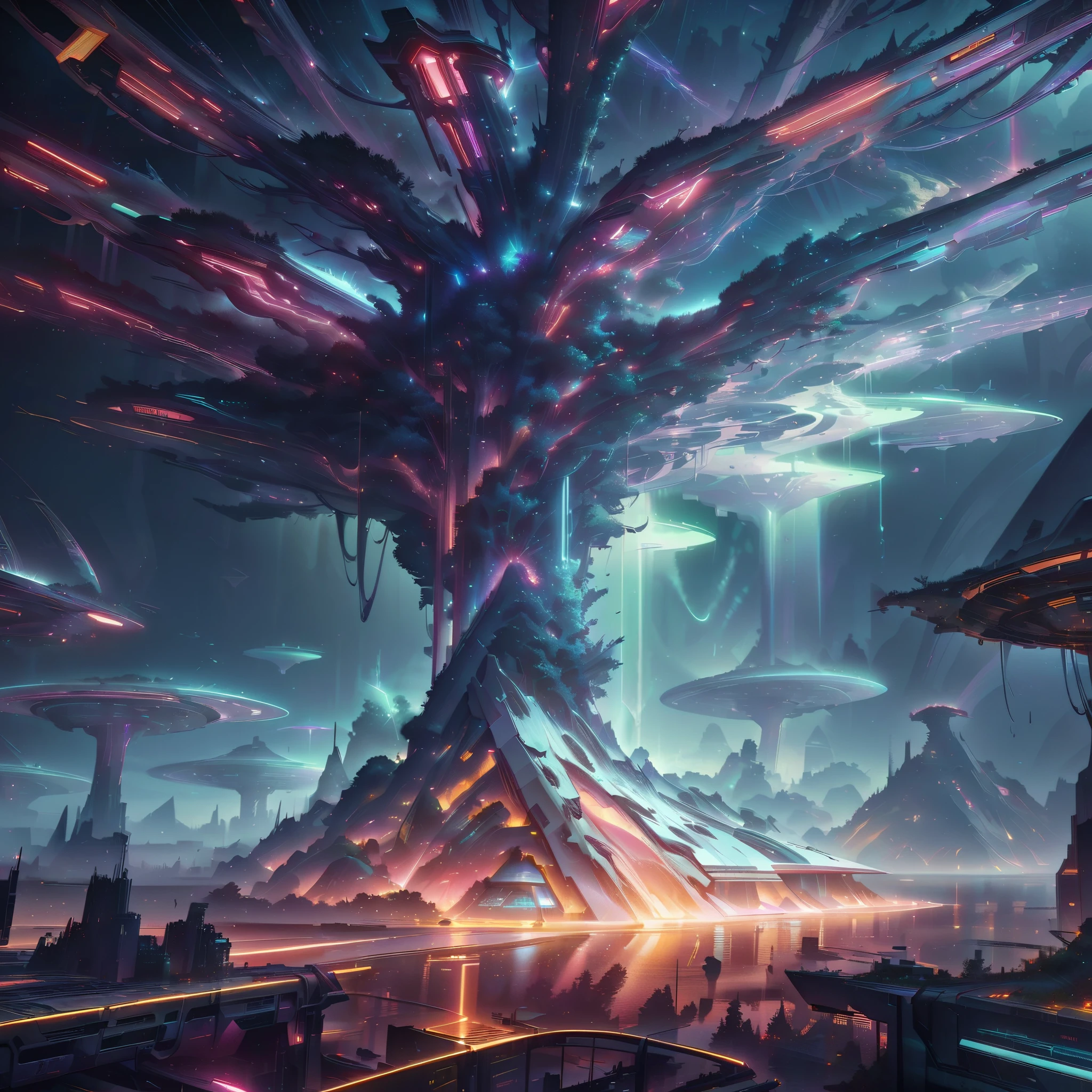 futuristic city with a huge tree in the middle of it, sci-fi digital art, by Beeple, 4k highly detailed digital art, cyberpunk tree house, depicted as a scifi scene, arstation and beeple highly, by Mike "Beeple" Winkelmann, cinematic beeple, surreal neuron city, otherworldly visuals