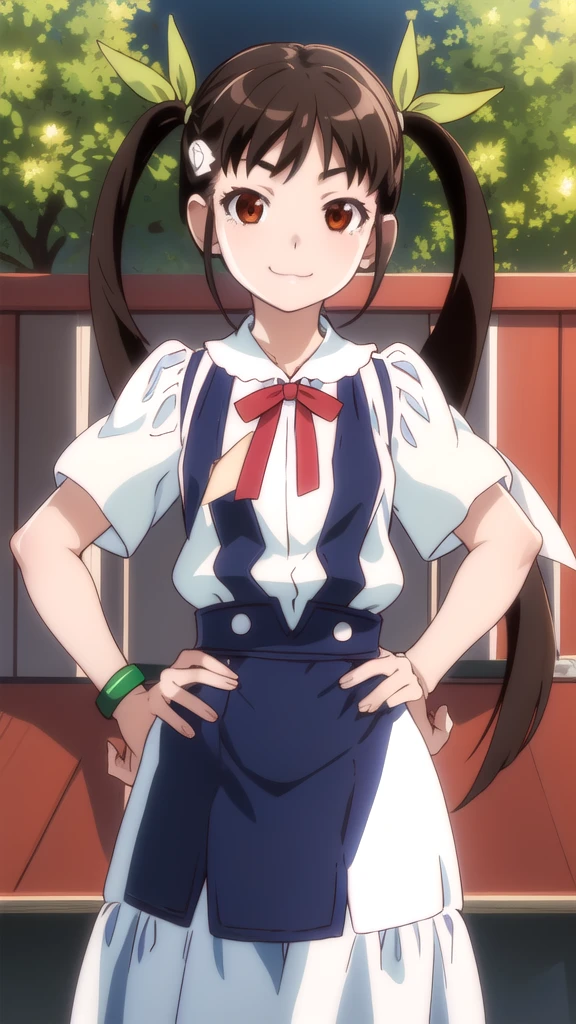 masterpiece, highest quality, High resolution, detailed,
One girl, alone,  View Viewer, 
hachikuji01, Long Hair, Brown Hair, Red eyes, Flat Chest, Twin tails, hair ribbon, White hair band, 
skirt, shirt, ribbon, Green Bracelet,  , white shirt, Short sleeve, blue skirt, suspenders, suspender skirt, star \(symbol\), 
smile, :3,
Hands on hips,
Portraiture,
garden, Flowers, wood,
