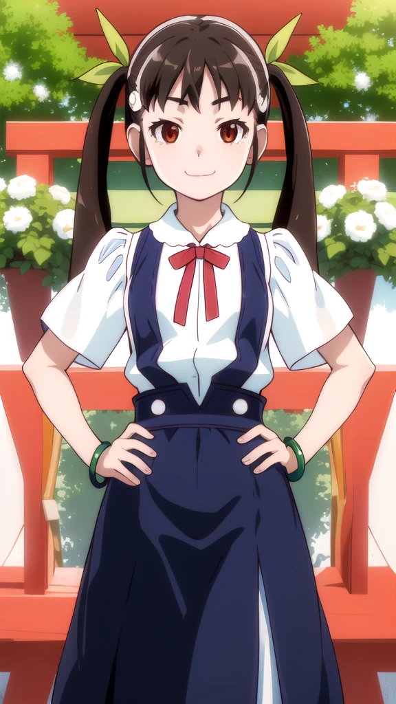 masterpiece, highest quality, High resolution, detailed,
One girl, alone,  View Viewer, 
hachikuji01, Long Hair, Brown Hair, Red eyes, Flat Chest, Twin tails, hair ribbon, White hair band, 
skirt, shirt, ribbon, Green Bracelet,  , white shirt, Short sleeve, blue skirt, suspenders, suspender skirt, star \(symbol\), 
smile, :3,
Hands on hips,
Portraiture,
garden, Flowers, wood,
