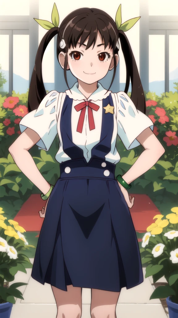 masterpiece, highest quality, High resolution, detailed,
One girl, alone,  View Viewer, 
hachikuji01, Long Hair, Brown Hair, Red eyes, Flat Chest, Twin tails, hair ribbon, White hair band, 
skirt, shirt, ribbon, Green Bracelet,  , white shirt, Short sleeve, blue skirt, suspenders, suspender skirt, star \(symbol\), 
smile, :3,
Hands on hips,
Portraiture,
garden, Flowers, wood,
