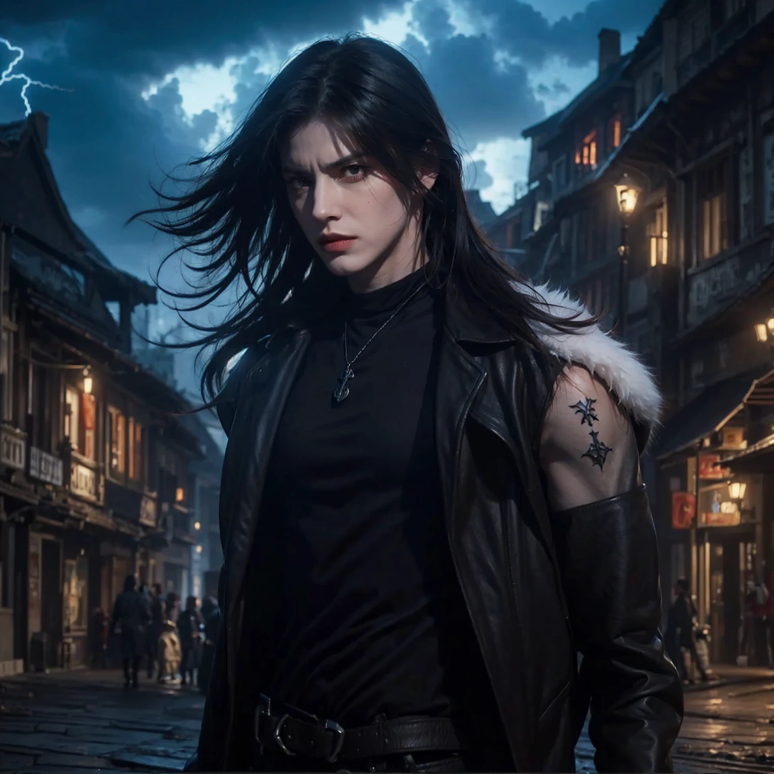 Sharp details super super detailed hyper realistic very sharp details high resolution, adult man, stern look, villain, gothic, punk, pale skin, light skin, white man, thicc eyebrows, grunge, punk clothes, leather jacket, pale skin, badboy, white fur cover jacket, hyper realistic, stern looking, medium shoulder flowing black hair, Castlevania Senhor das sombras, Castlevania: Lords of the Shadows