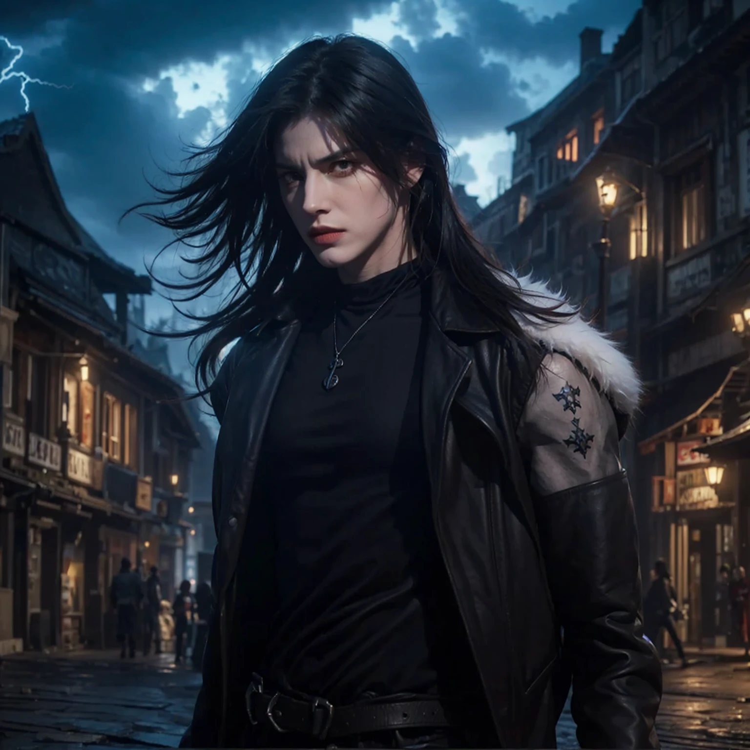 Sharp details super super detailed hyper realistic very sharp details high resolution, adult man, stern look, villain, gothic, punk, pale skin, light skin, white man, thicc eyebrows, grunge, punk clothes, leather jacket, pale skin, badboy, white fur cover jacket, hyper realistic, stern looking, medium shoulder flowing black hair, Castlevania Senhor das sombras, Castlevania: Lords of the Shadows