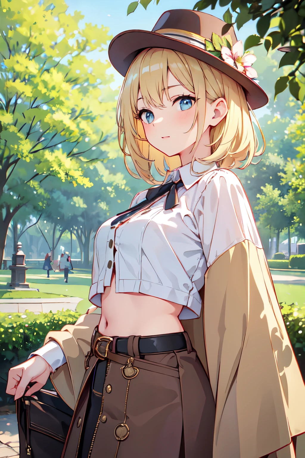 best quality, masterpiece, high resolution, steam punk,//A park filled with summer foliage, (lady wearing cropped shirt:1.2), cozy blanket, blonde hair, sexy pose