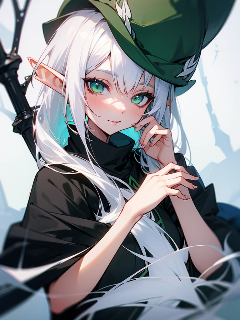 Hot girl elf, white hair, green eyes, licking my fingers, black winter wear