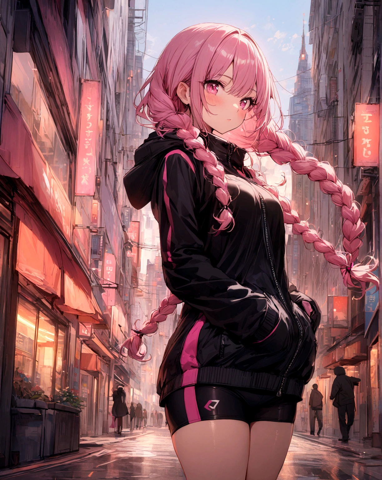 1 girl, pink hair, has braids, pink eyes, black jacket with pink details, short and tight shorts, sports shorts, in the city, masterpiece, warm light.